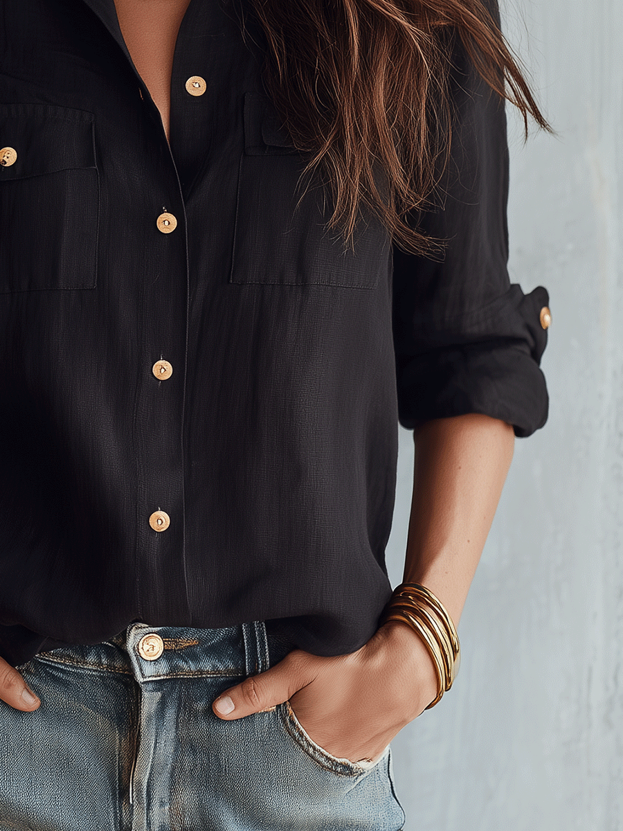 Casual Elegance Black Cotton-Linen Pocket Shirt