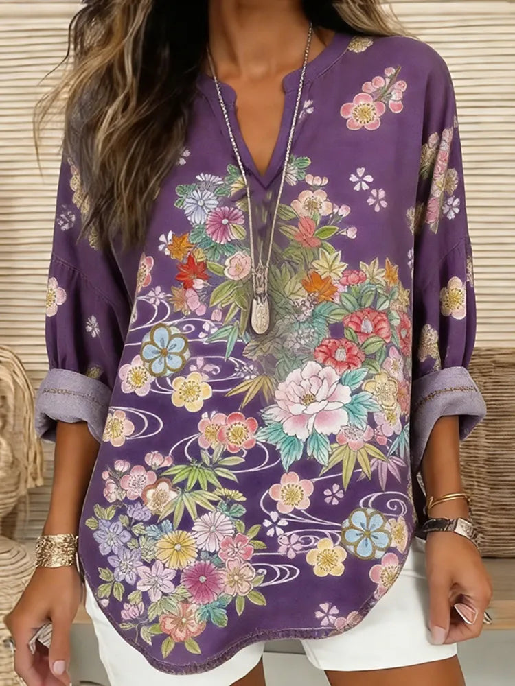 Japanese Art Retro Plant Flower Printed Women's Top
