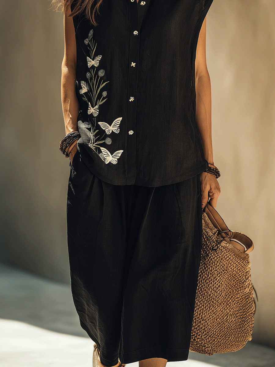 Bohemian Black Floral-Embroidered Loose-Fit Everyday Shirt And Mid-Length Shorts Set