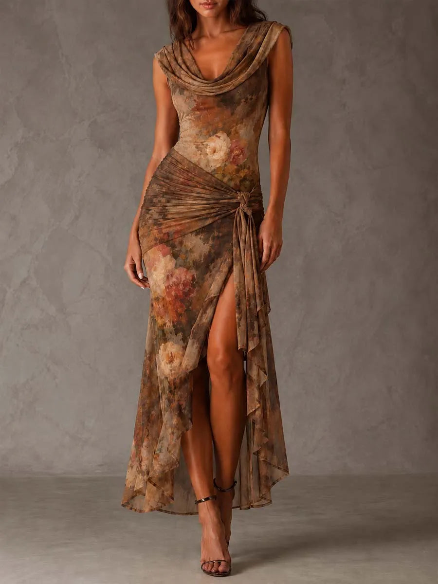 Draped Cowl Neck Vintage Floral Mesh Tie Side High Slit Midi Dress