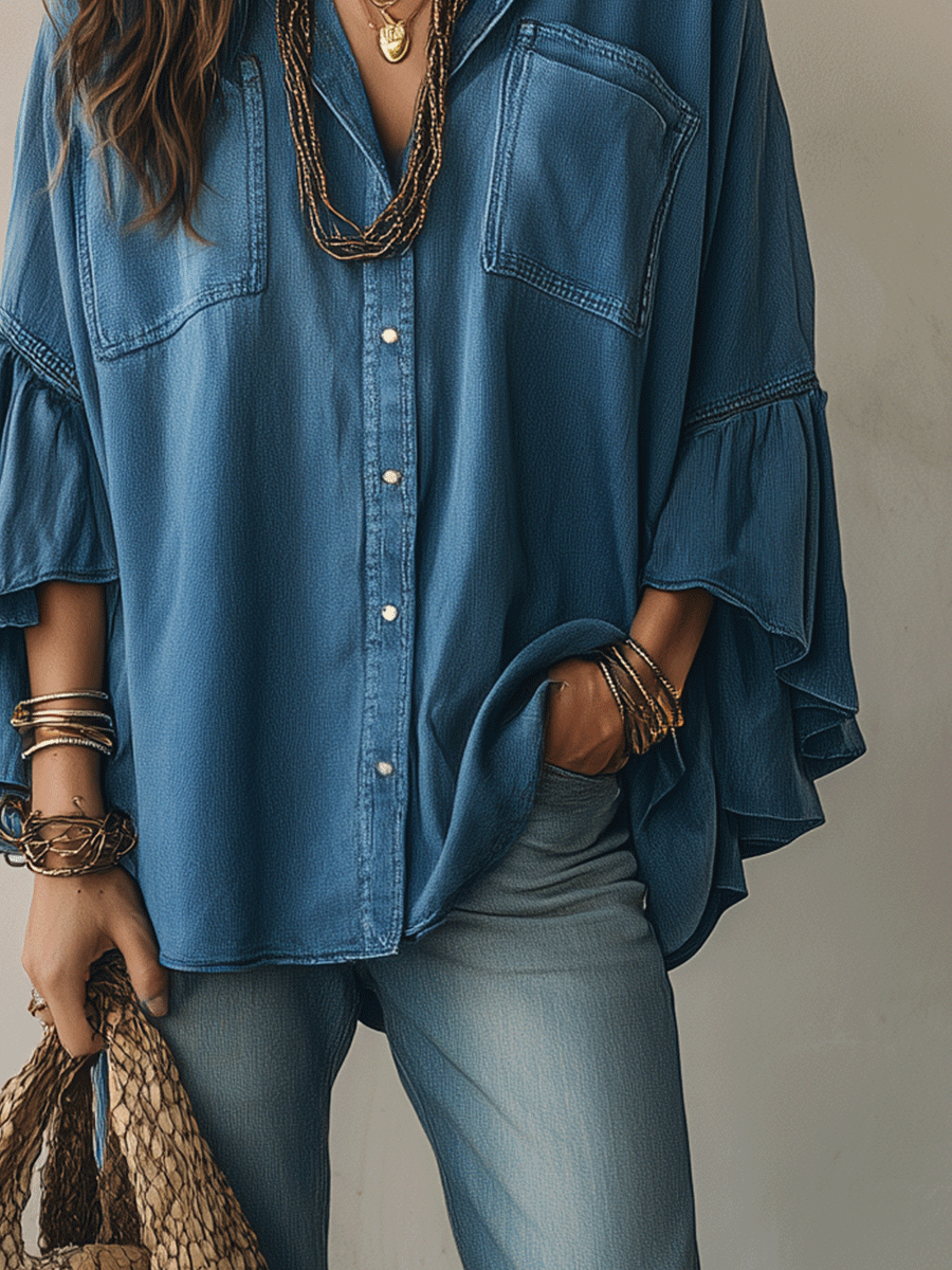 Effortless Chic Chambray Drop-Shoulder Flare-Sleeve Denim Blue Blouse