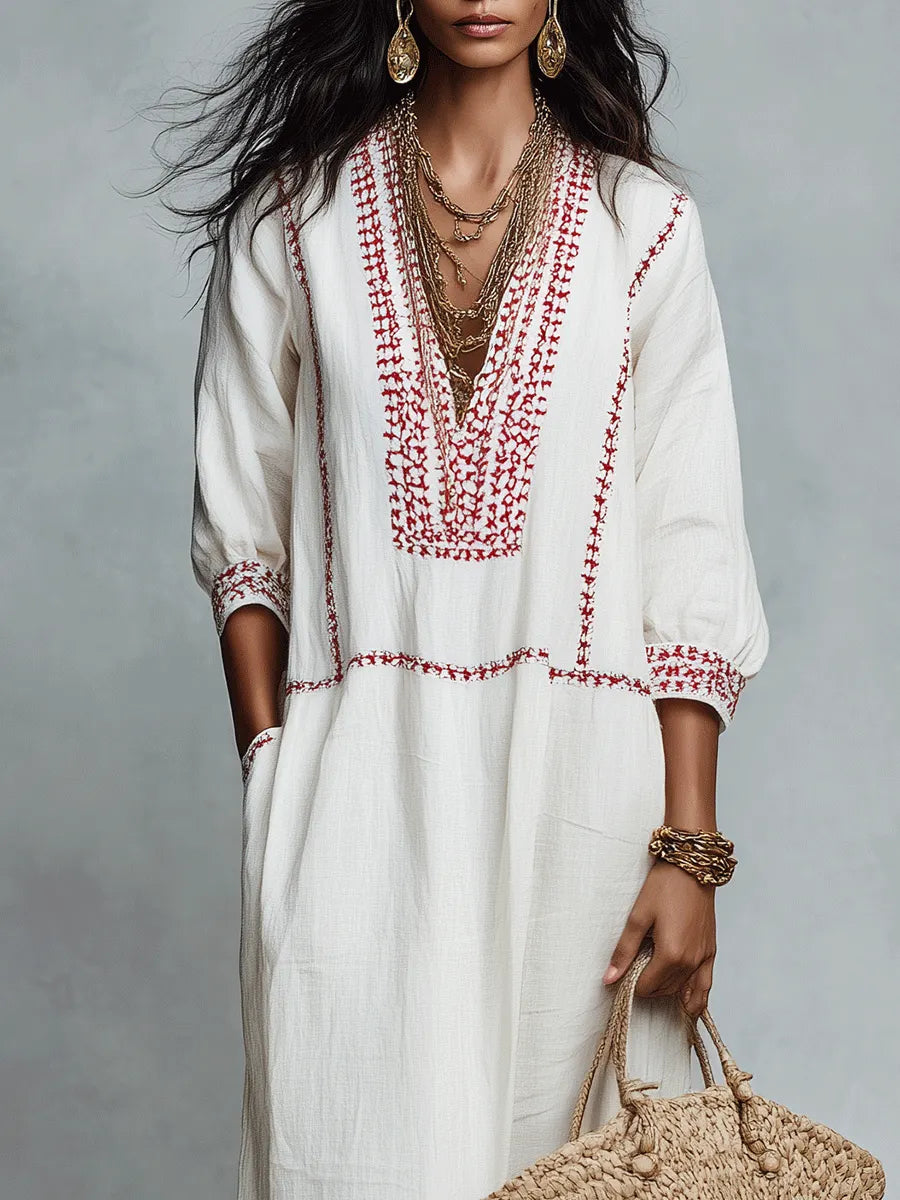 Ethnic Folk Cotton-Linen Embroidered V-Neck Ivory Kaftan Maxi Dress