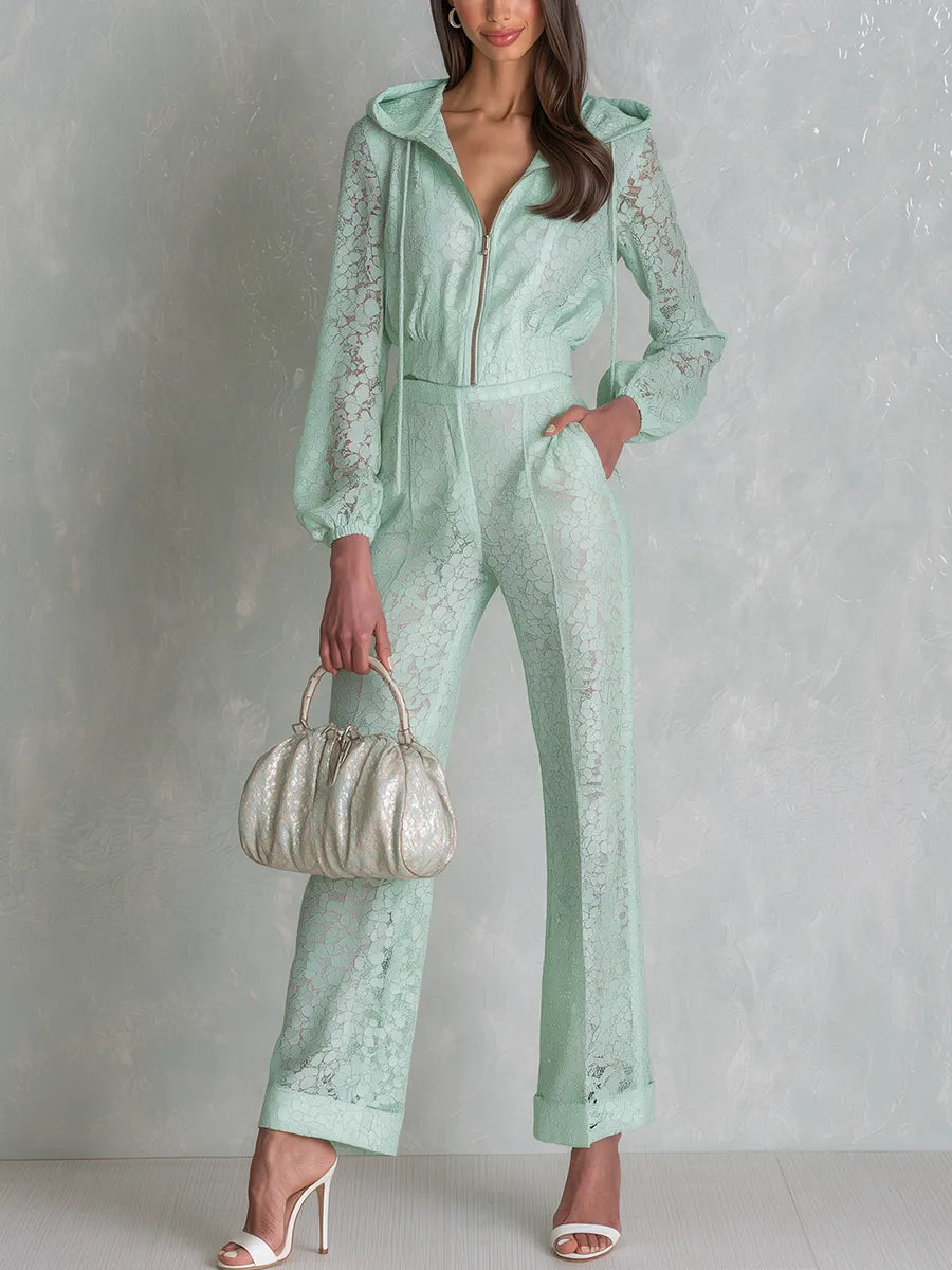 Romantic Mint Green Lace Hooded Wide Leg Set