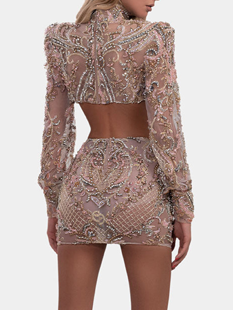 Stand Collar Belly-Hollow Jacquard Long Sleeve Evening Mini Dress