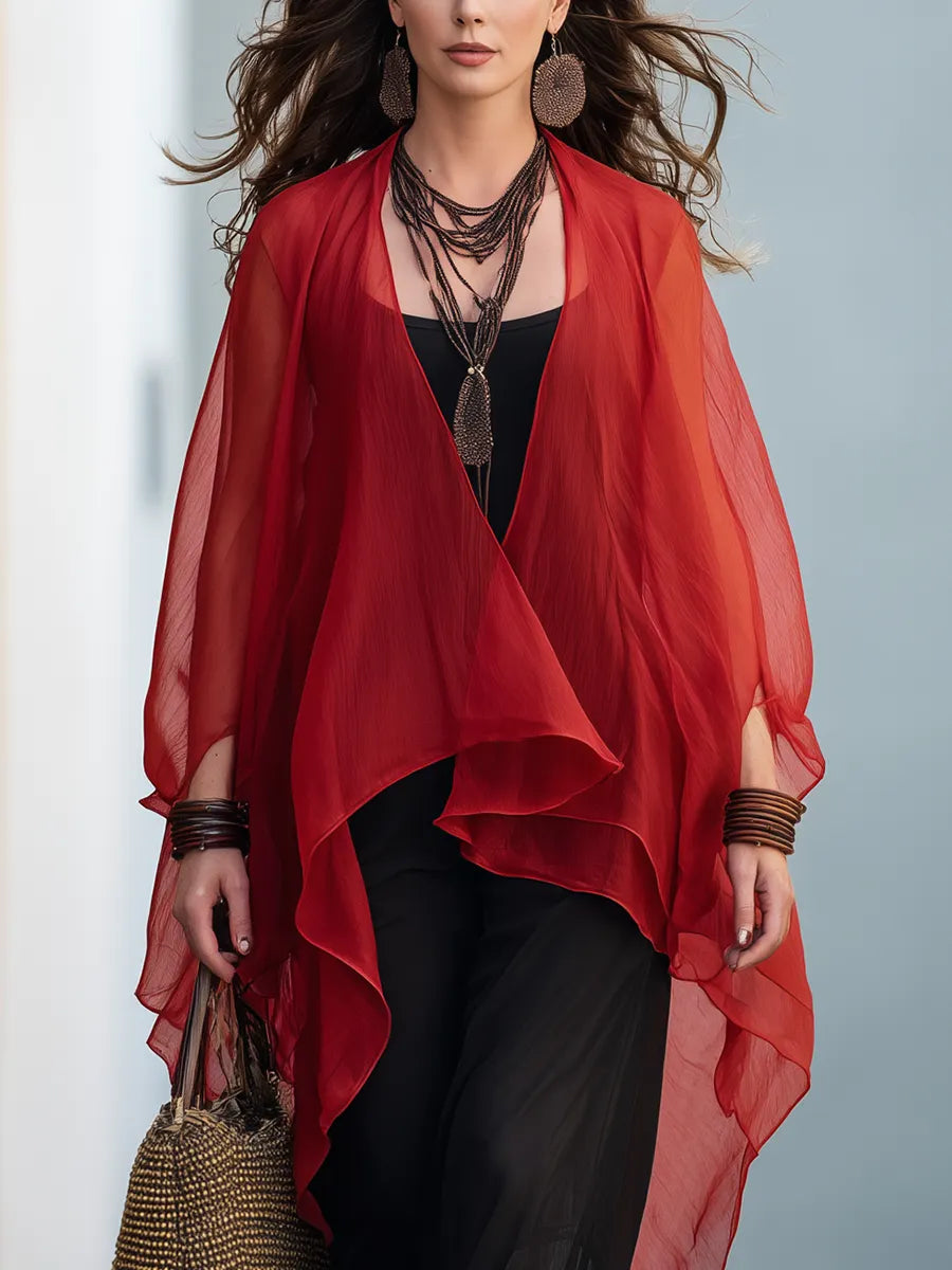 Resort-style Red Chiffon Cardigan And Black Slip Dress Set