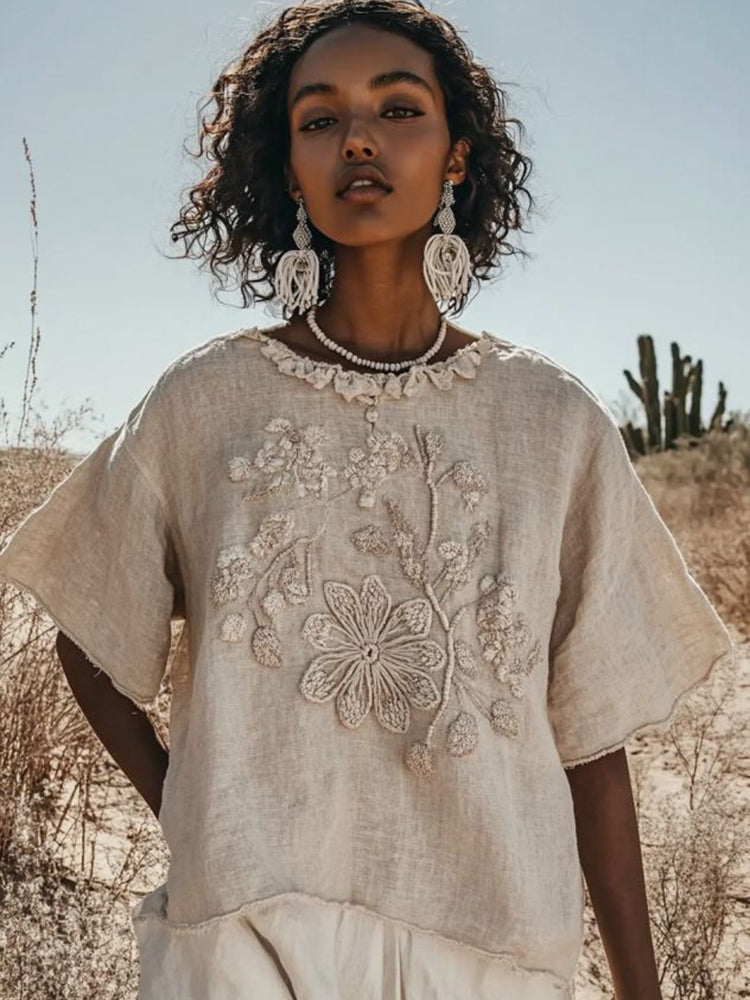 Vintage Floral Embroidered Art Crew Neck Cotton Linen Comfy Shirt