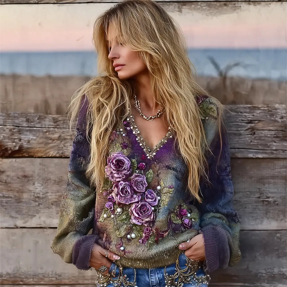 Boho 3d Floral Vintage Tie-dye Women's V-neck Sweater