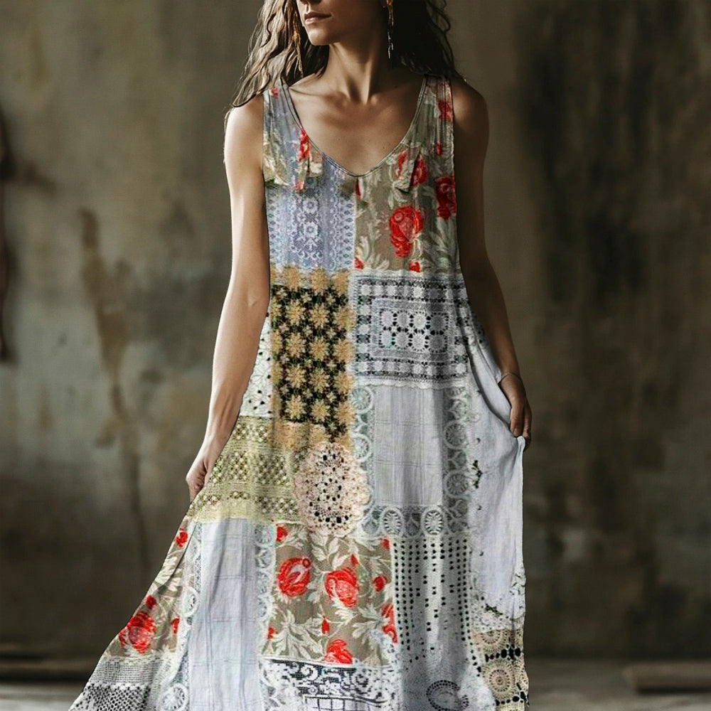 Vintage Lace Floral Geometric Patchwork Women's Linen Vest Dress 12ff