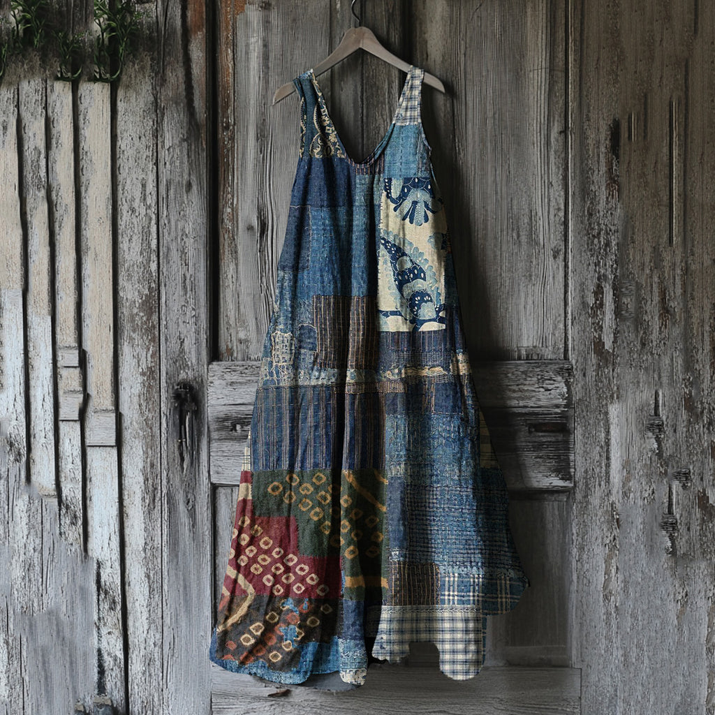 Women's Japanese Traditional Sashiko In Floral Patchwork Art Cotton And Linen Dress c0e2