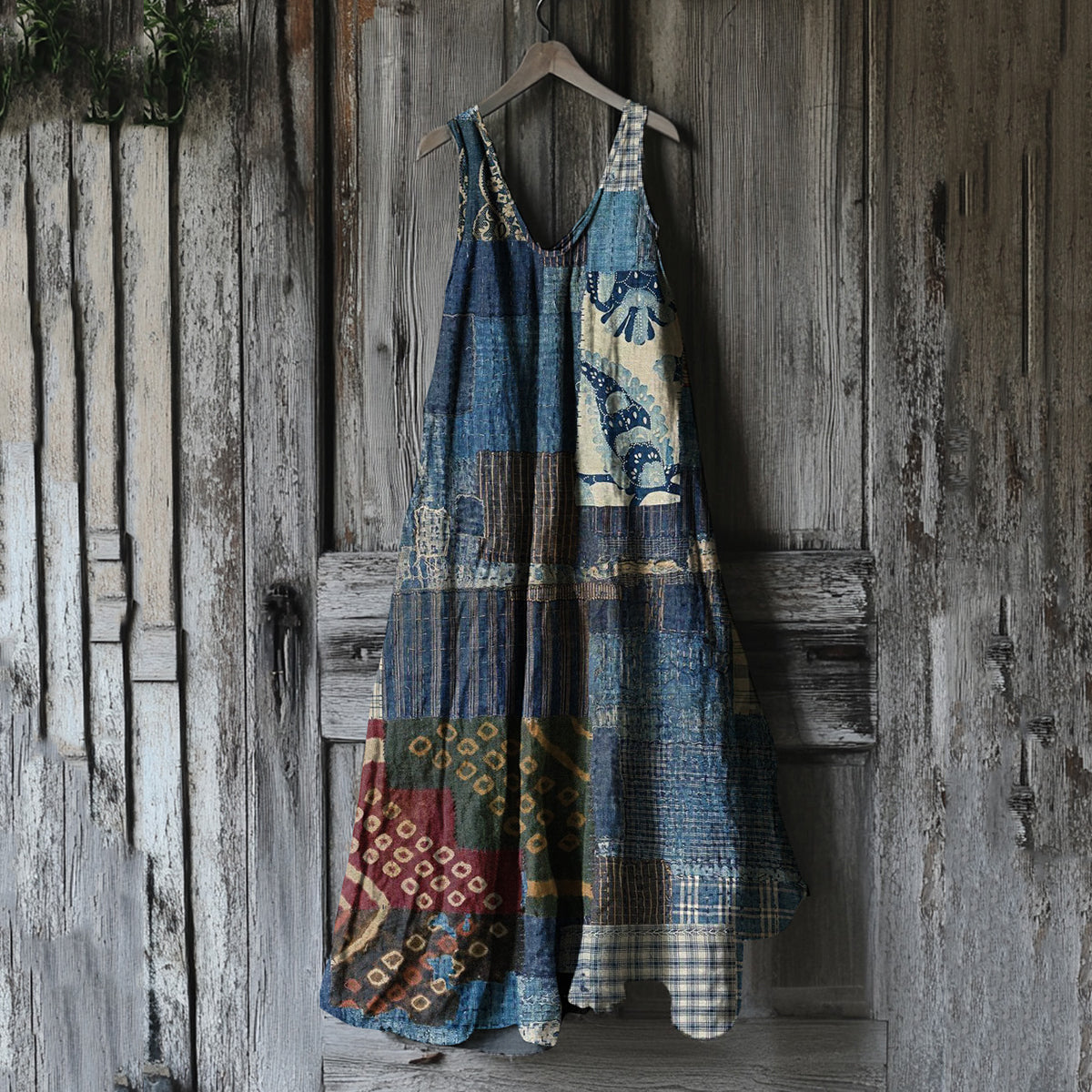 Women's Japanese Traditional Sashiko In Floral Patchwork Art Cotton And Linen Dress c0e2