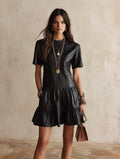 Women's Faux Leather Tiered Ruffle Hem Short Sleeve Mini Dress