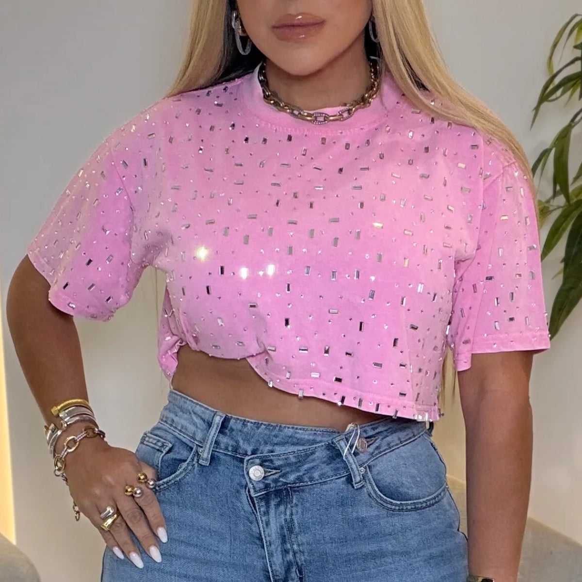 Sparkle Rhinestone Short Sleeve Cropped Knit Top