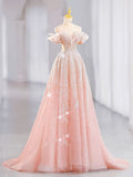 Pink Evening Dress, Princess Prom Dress, ,off Shoulder Party Dress    25014