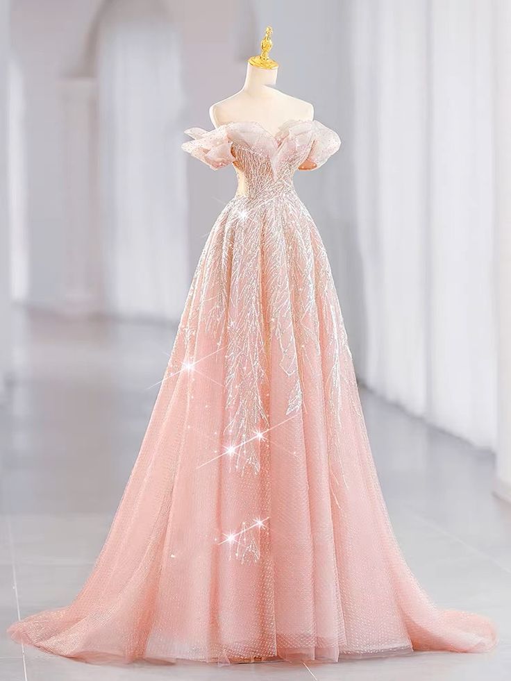 Pink Evening Dress, Princess Prom Dress, ,off Shoulder Party Dress    25014