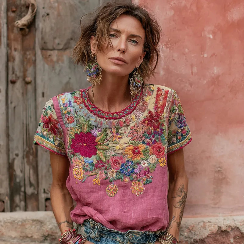 Women's Vintage Bohemian Floral Embroidery Art Round Neck Linen Blend Short Sleeve T-shirt