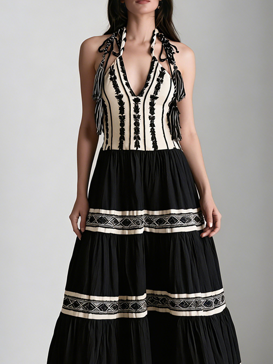 Bohemian-Style Color-Block Embroidered Maxi Dress