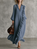 Ruffle Trim V-Neck Long Sleeve Maxi Dress