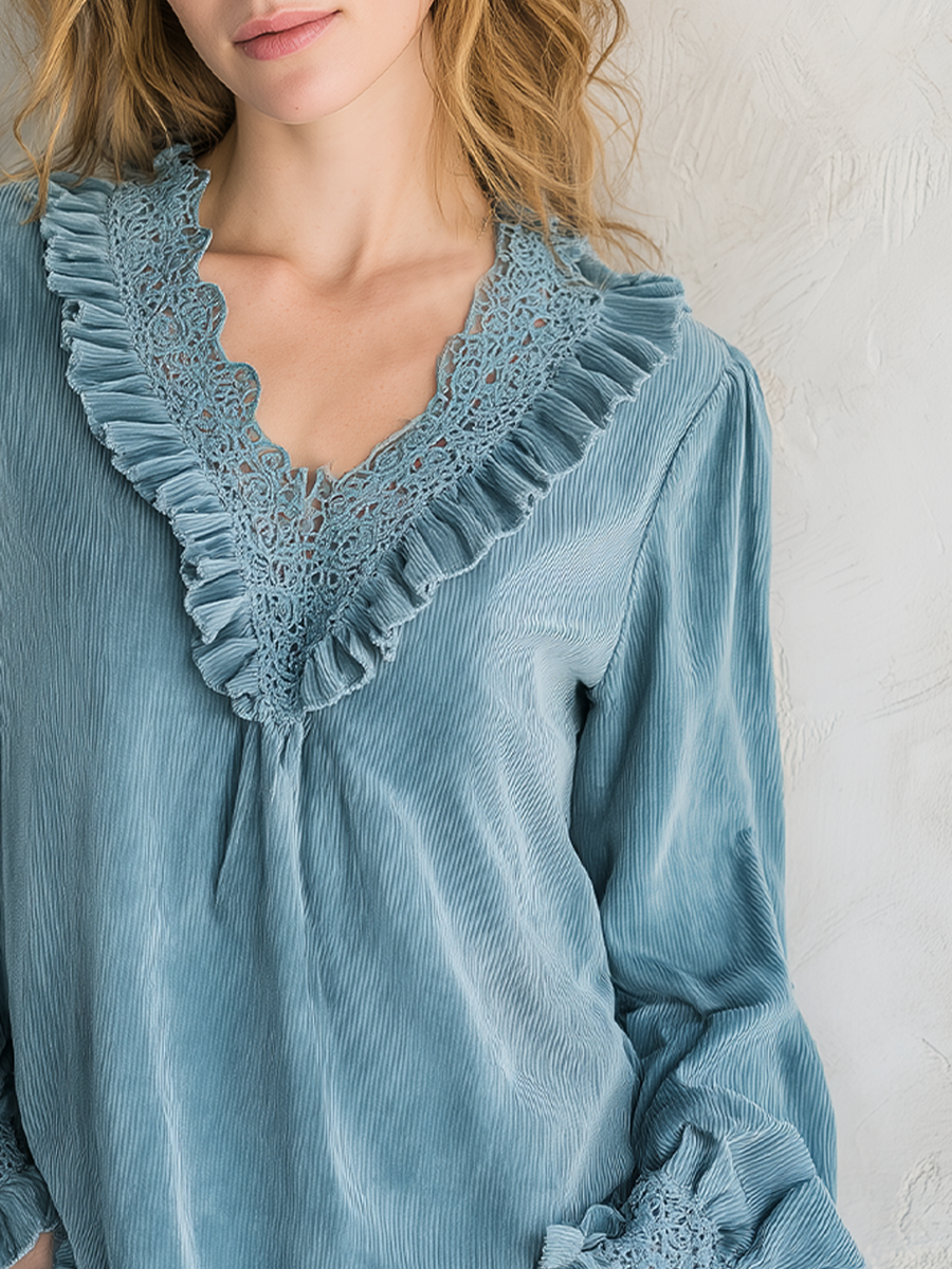 Bohemian Gray-blue Lace Corduroy Shirt