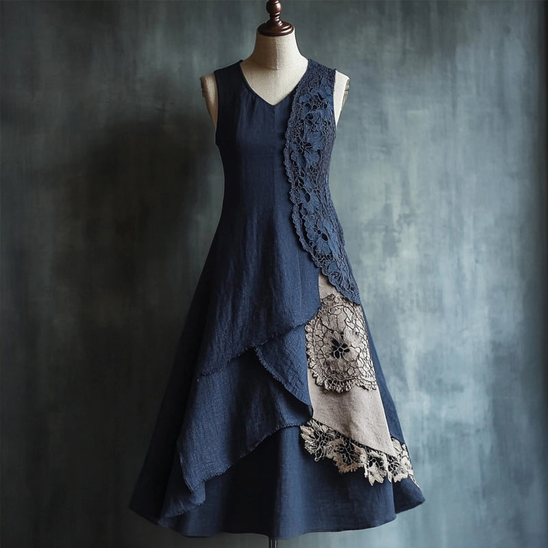 Elegant Lace Patchwork V Neck Linen Maxi Dress