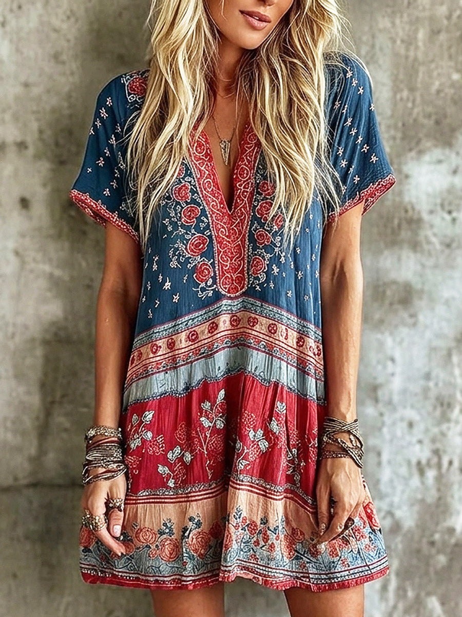 Women's Retro Floral Art Casual Stylish Cotton Linen Short Dress