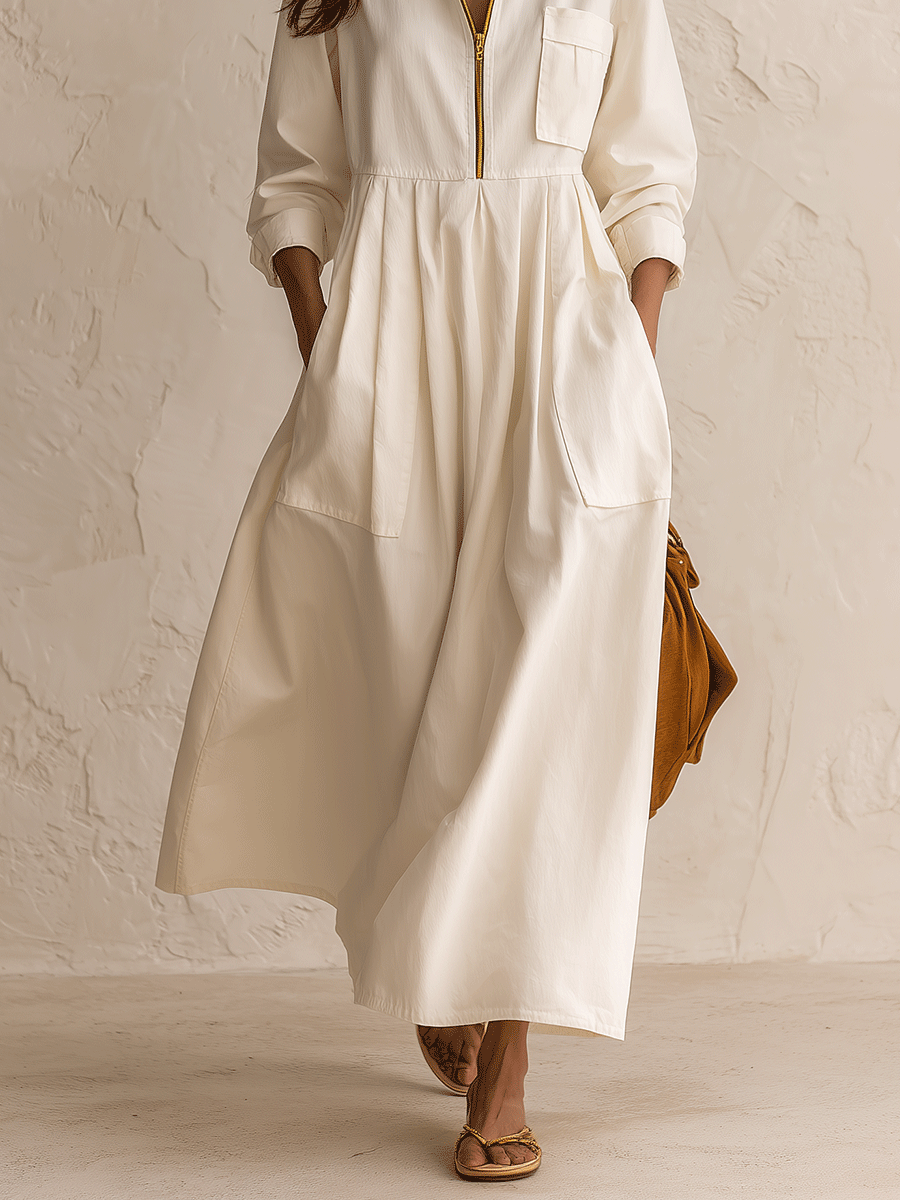 Women's Half-Zip Stand Collar Long Sleeve Pockets Maxi Dress