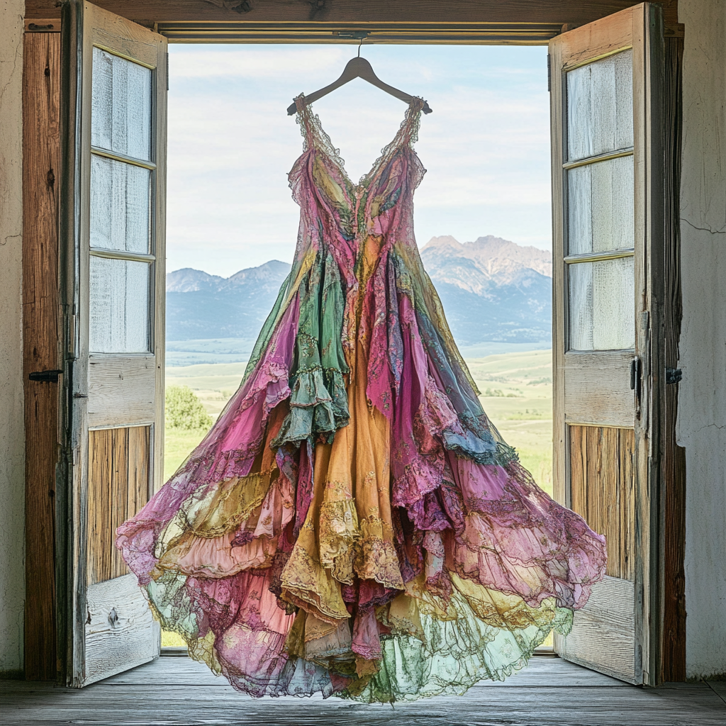 Windowsill Summer Romantic Lace Ruffle Rainbow Dress 7935