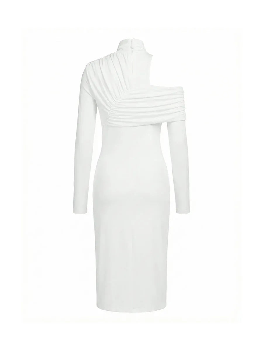 Asymmetric Pleated Solid Color Split-Front Split-Joint Split-Side High Neck Midi Dresses
