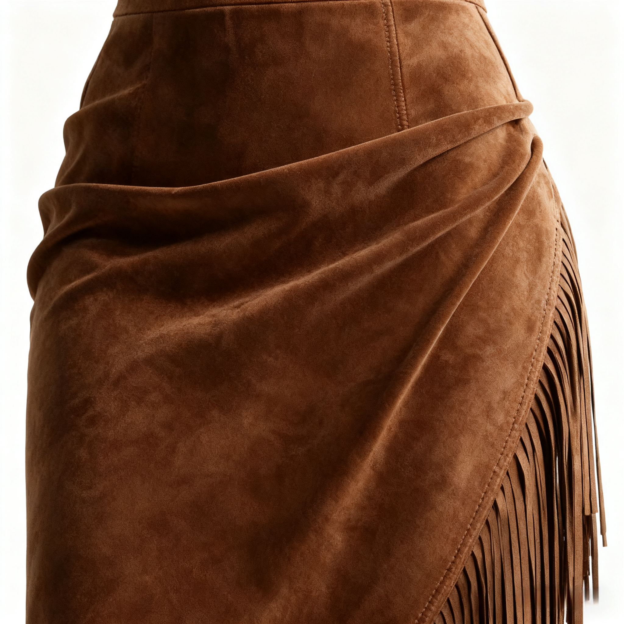 Retro Western Style Irregular Design Fringed Suede Skirt