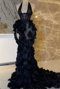 Black Halter Corset Mesh Evening Maxi Dress - 3D Feather Mermaid Train Formal Gown