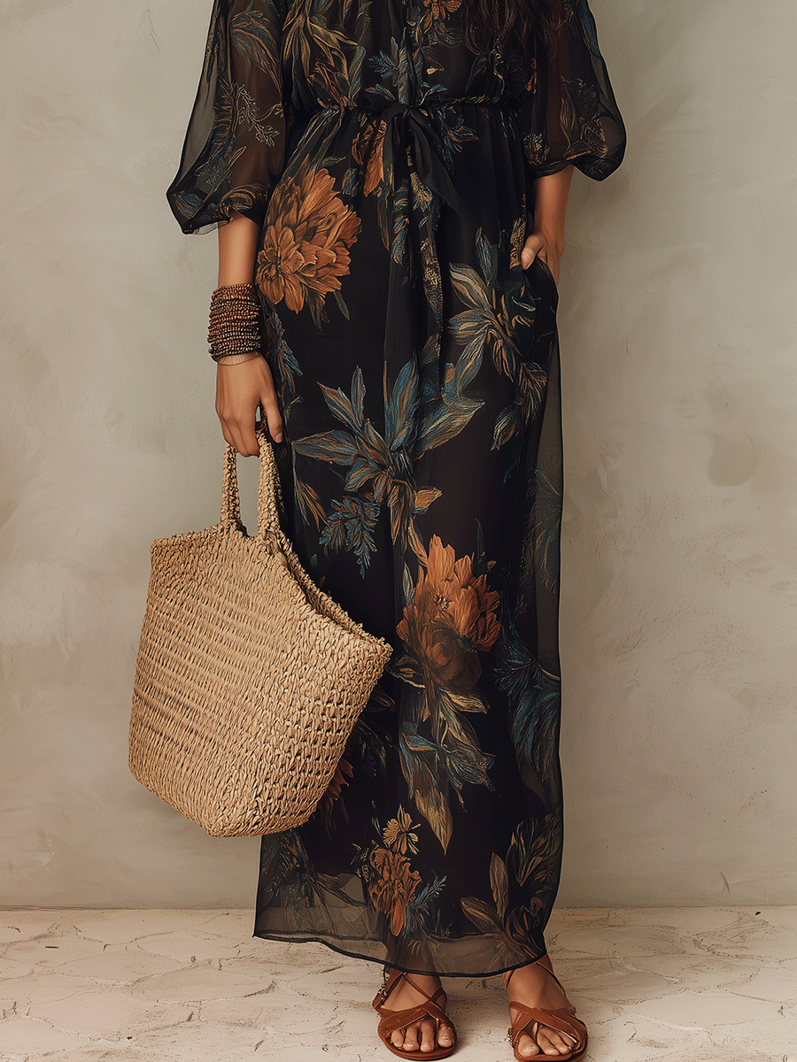Effortless Coastal Elegance Dark Floral Sheer Overlay Maxi Dress