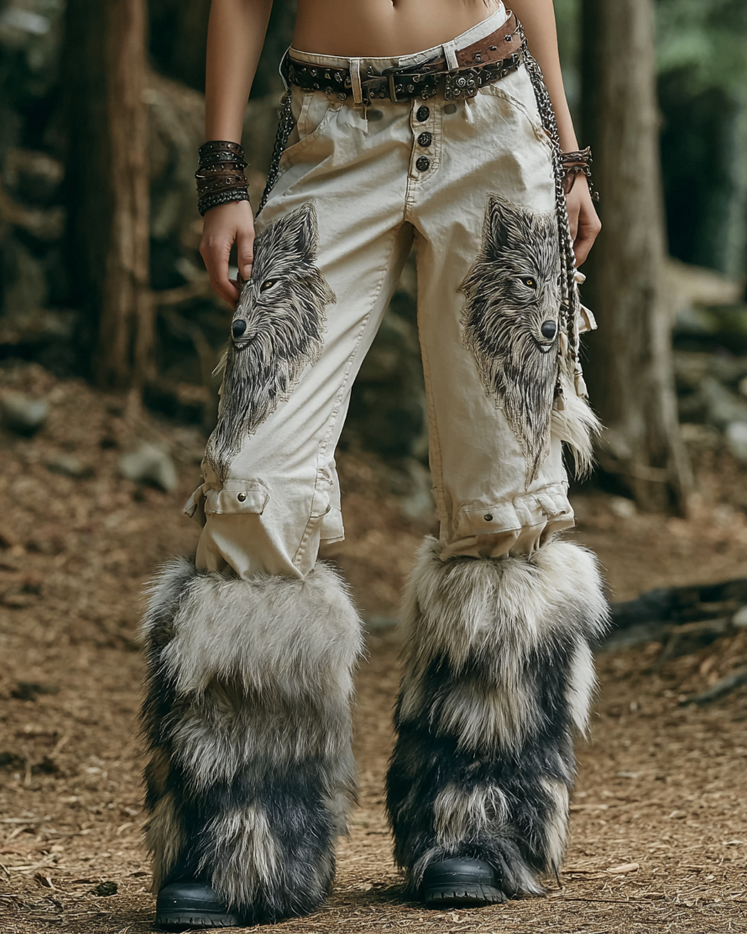Women's Spring Viking-Inspired Embroidered Faux Fur Patchwork Design Trousers  9405