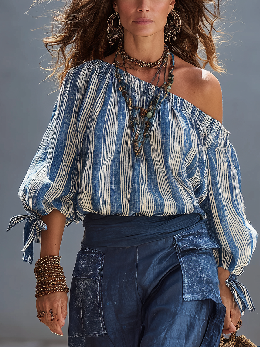 Boho Indigo Stripe Off Shoulder Blouse