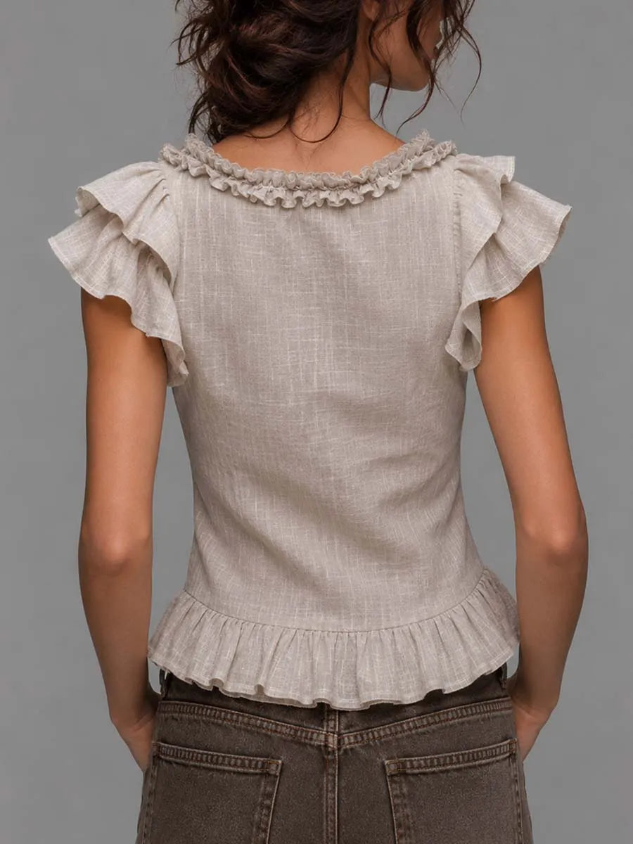 Bohemian Beige Linen-Blend Ruffled Lace-Up Peplum Top