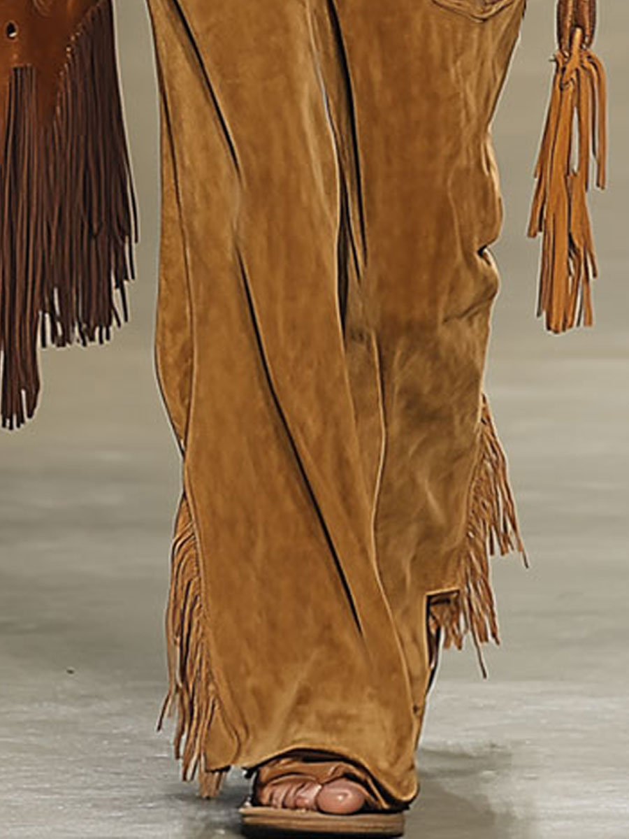 [24-hour shipping out]Casual Loose Vintage Caramel Suede Rivet Tassel Wide Leg Pants