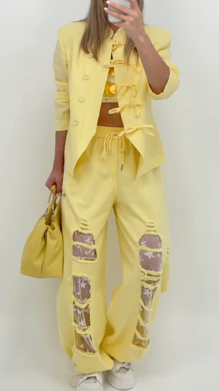 Frog‑Button Blazer & Distressed Wide Leg Pants Co‑Ord Set