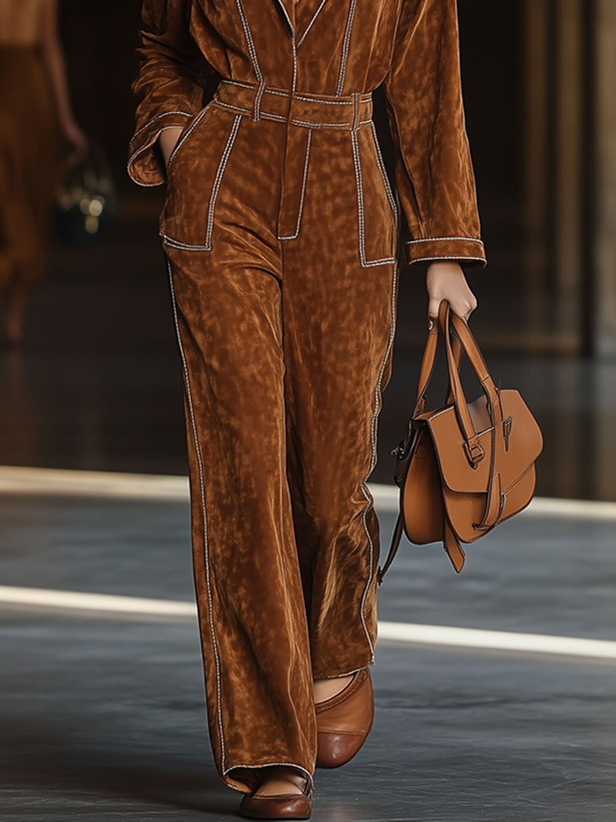 [24-hour shipping out]Casual Loose Vintage Exposed Pocket Long Sleeve Suede Jumpsuit
