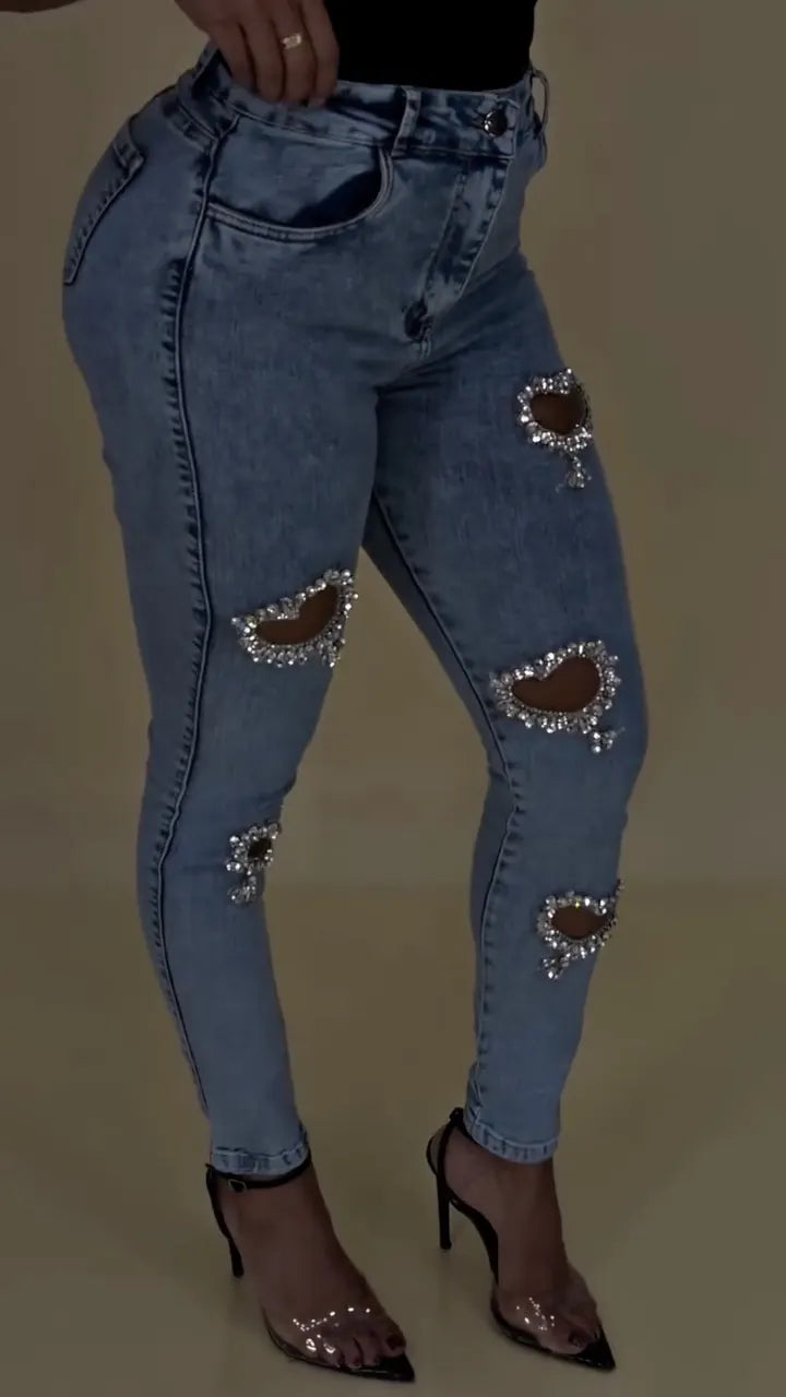 Light Blue Heart-Shaped Rhinestone Cutout Skinny Jeanss