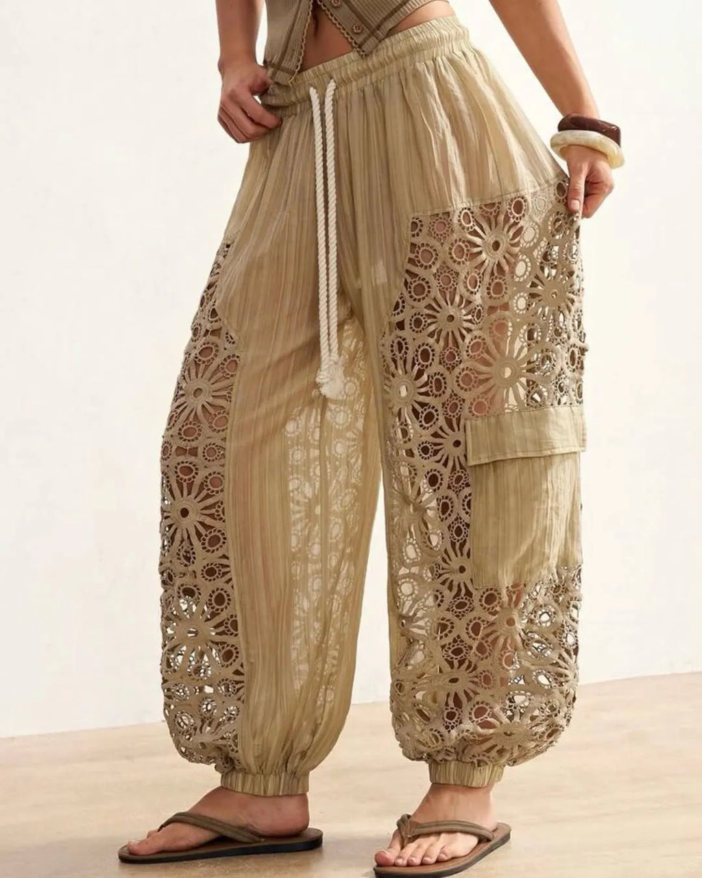 Beige Lace Cutout Drawstring Harem Pants