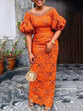 Wrap V-Neck Puff Sleeve Solid Color Lace Elegant Maxi Dress