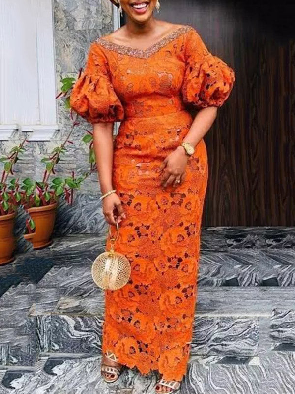 Wrap V-Neck Puff Sleeve Solid Color Lace Elegant Maxi Dress