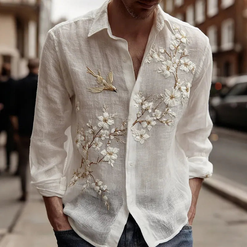 Men's Vintage Floral With Bird Embroidered Art Linen Blend Shirt