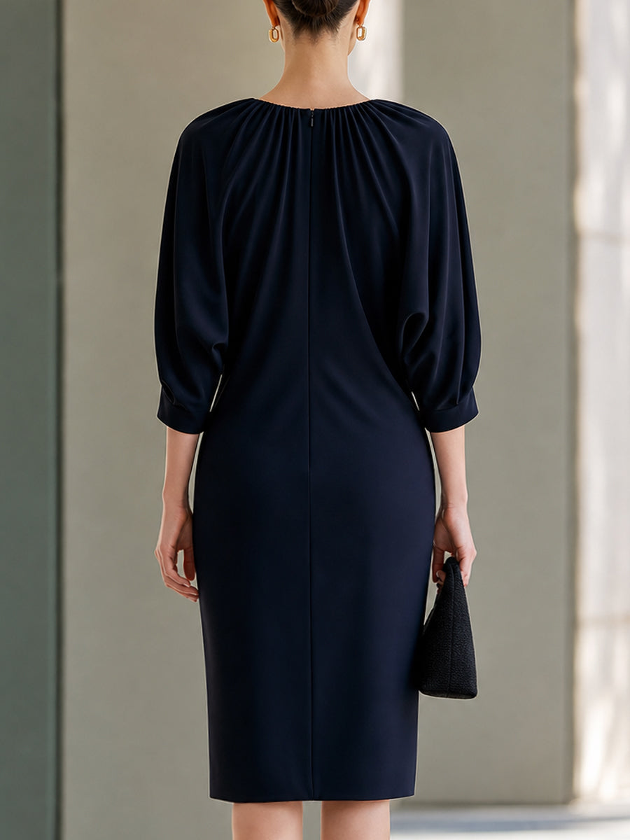 Pleated Neckline Dolman-Sleeve Midi Dress