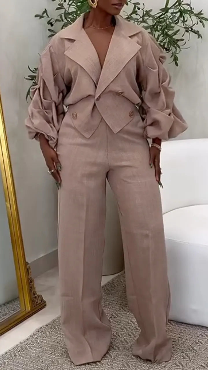 Women's Lantern Sleeve Suit Jacket + Trousers Casual Set