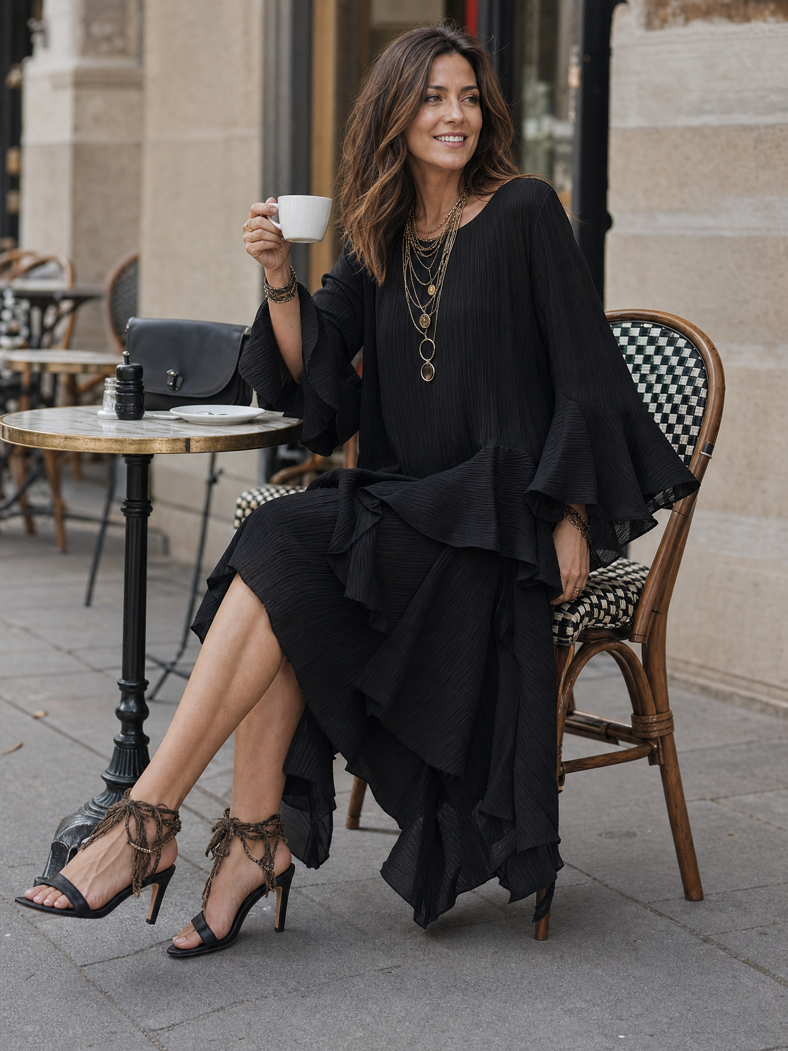 Elegant Asymmetric Ruffle Black Boho Midi Dress