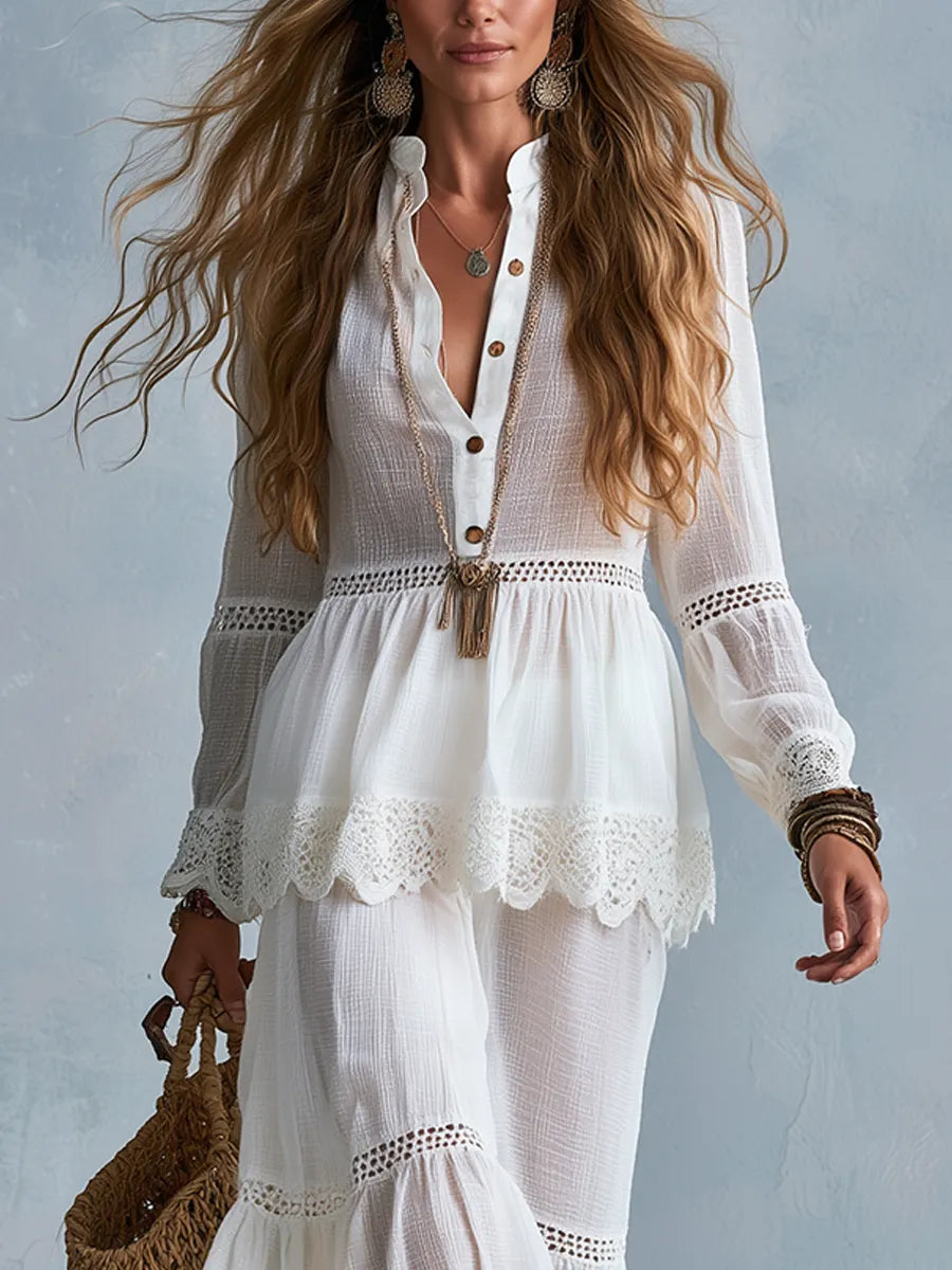 Bohemian Lace Stand-up Collar Shirt And Skirt Set