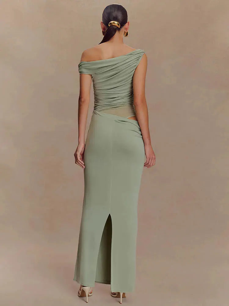 Marcelle One Shoulder Ruched Mesh Cut Out Maxi Dress – Black or Sage Green Summer Bodycon Gown
