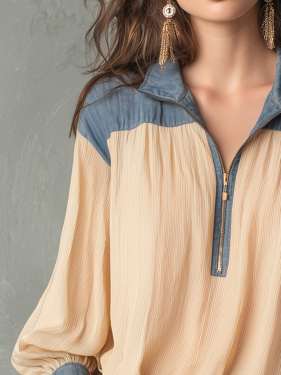 Relaxed Cream Blue Colorblock Half-Zip Blouse