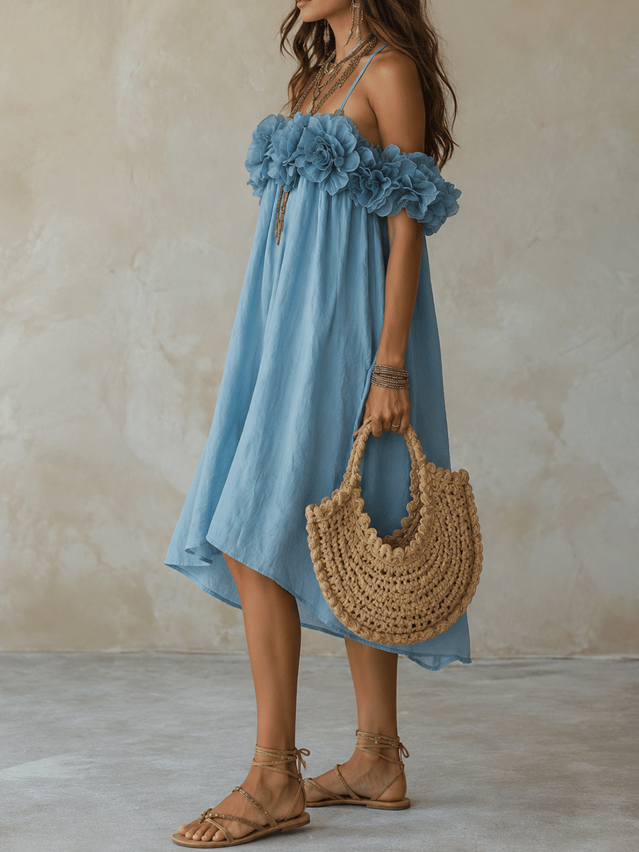 Romantic Coastal Linen Ruffle-Flower Halter Sky Blue Flowy Midi Dress