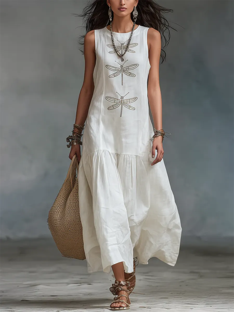 Retro Boho Dragonfly-print Cotton-linen Maxi Dress
