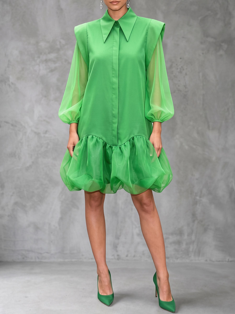 Split-Joint Solid Color Elasticity Buttoned Loose Long Sleeves Lapel Mini Dresses